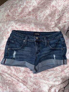 bebe Indigo Distressed Rolled Hem Denim Shorts